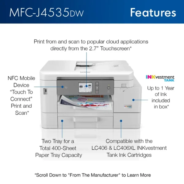 INKvestment Tank MFC-J4535DW Wireless All-in-One Inkjet Printer - Image 3